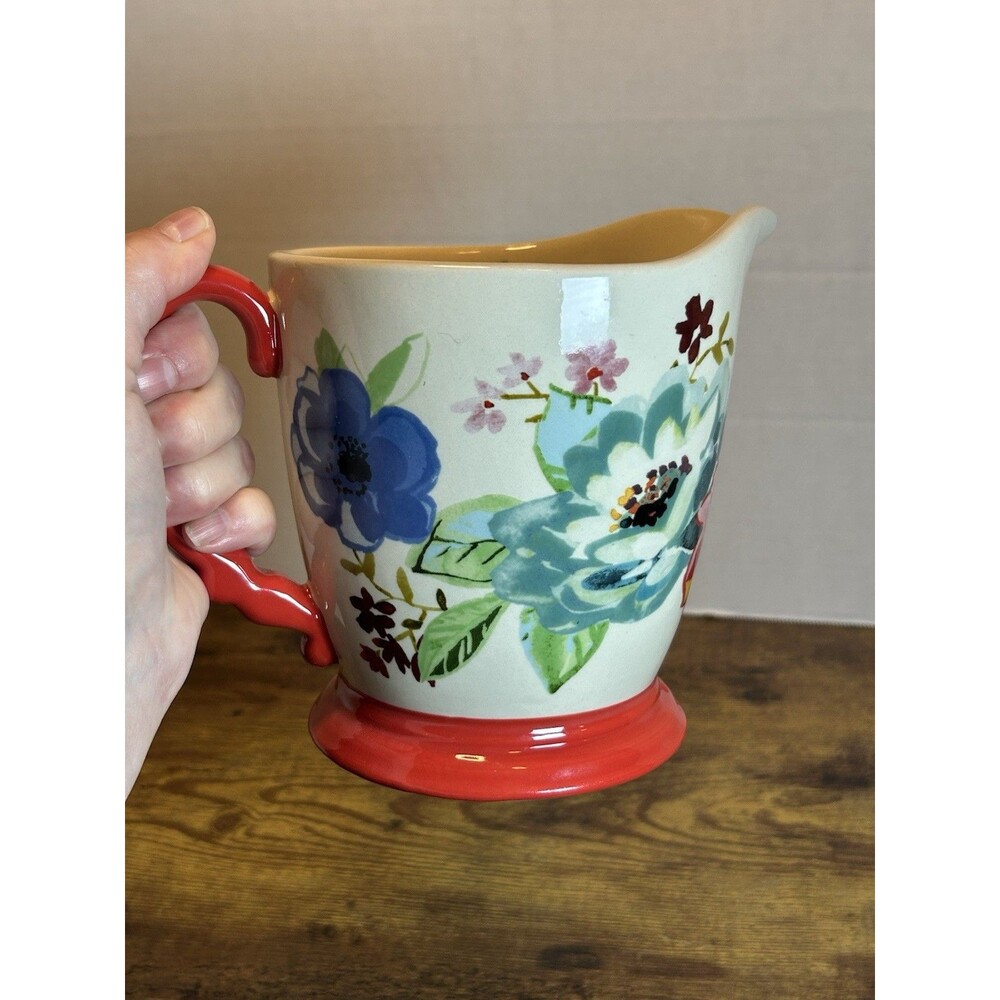 The Pioneer Woman Melody Floral 4 Cup Stoneware Measuring Pitcher Red Handle 1QT - Picture 9 of 11